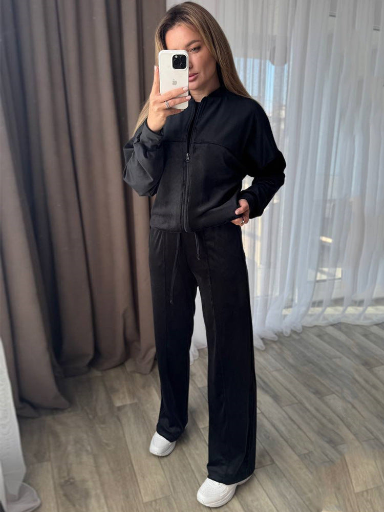 Damen Velours Jogginganzug Hochkragen Praktische Taschen