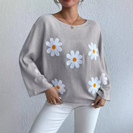 Damen Strickpullover Blumendesign Weit - Eveloria