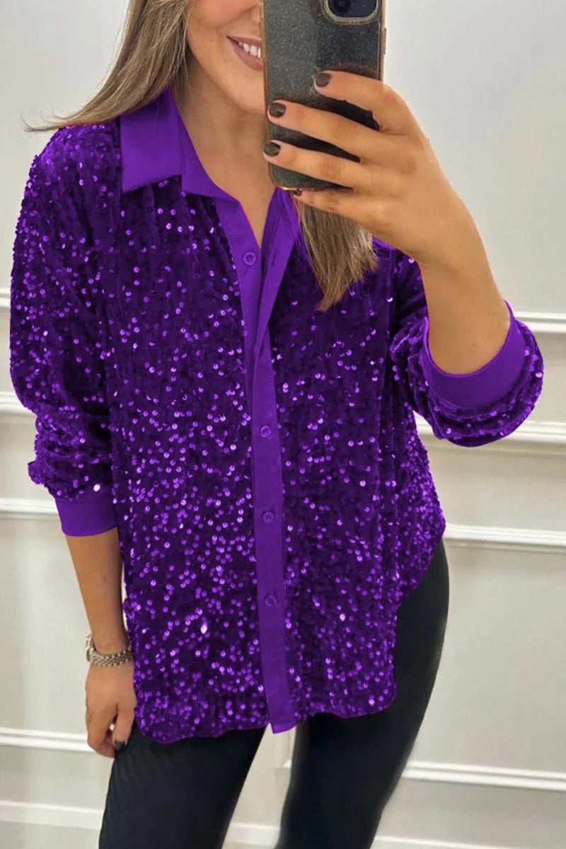 Damen Paillettenbluse Klassischer Kragen Langer Ärmel Glitzer Effekt