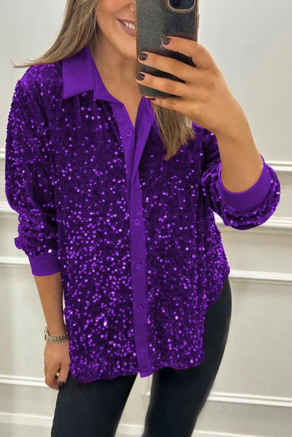 Damen Paillettenbluse Klassischer Kragen Langer Ärmel Glitzer Effekt