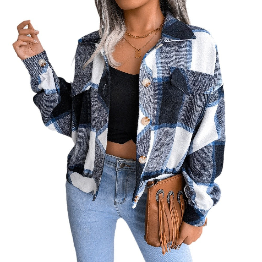 Damen Karo Overshirt mit Druckknöpfen und Brusttaschen