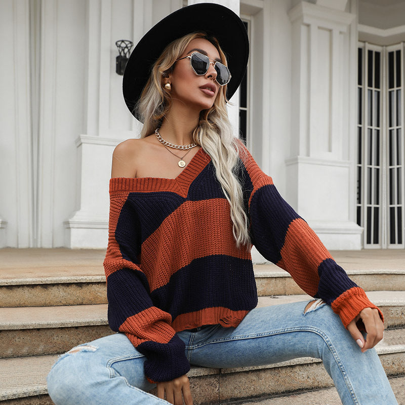 Damen Oversized Strickpullover V-Ausschnitt Blockstreifen
