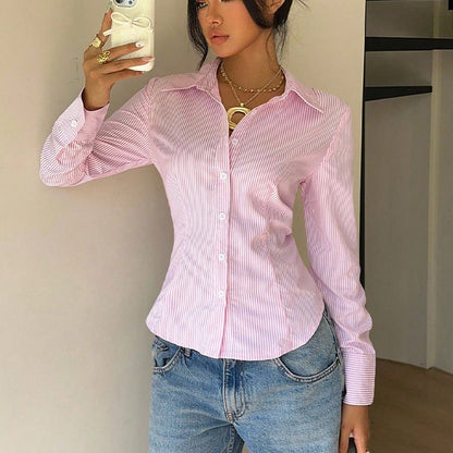 Damen Langarmbluse Gestreift Elegant Kragen