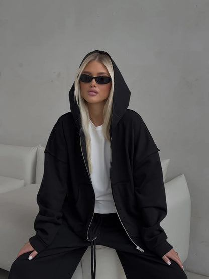Damen Oversize Hoodie Jogginghose Set Baumwolle Beige