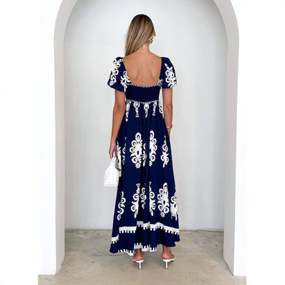 Damen Maxikleid Puffärmel Grafisches Muster Eveloria