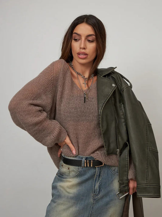 Damen Strickpullover Grobstrick Lässiger Schnitt Beige - Eveloria