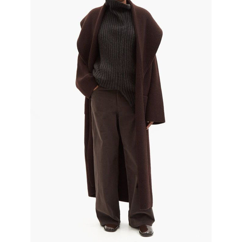Damen Strickmantel Offene Vorderseite Großer Kragen Beige