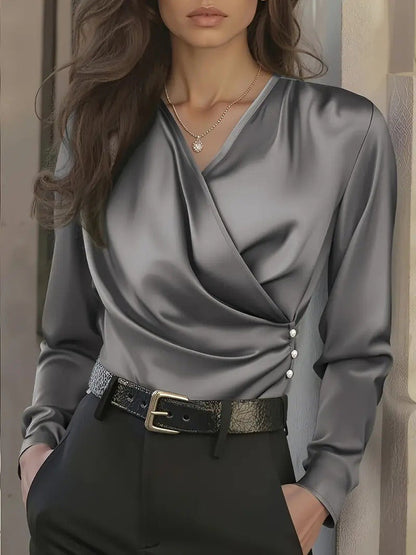 Damen Wickelbluse Knopfdetails Elegantes Design