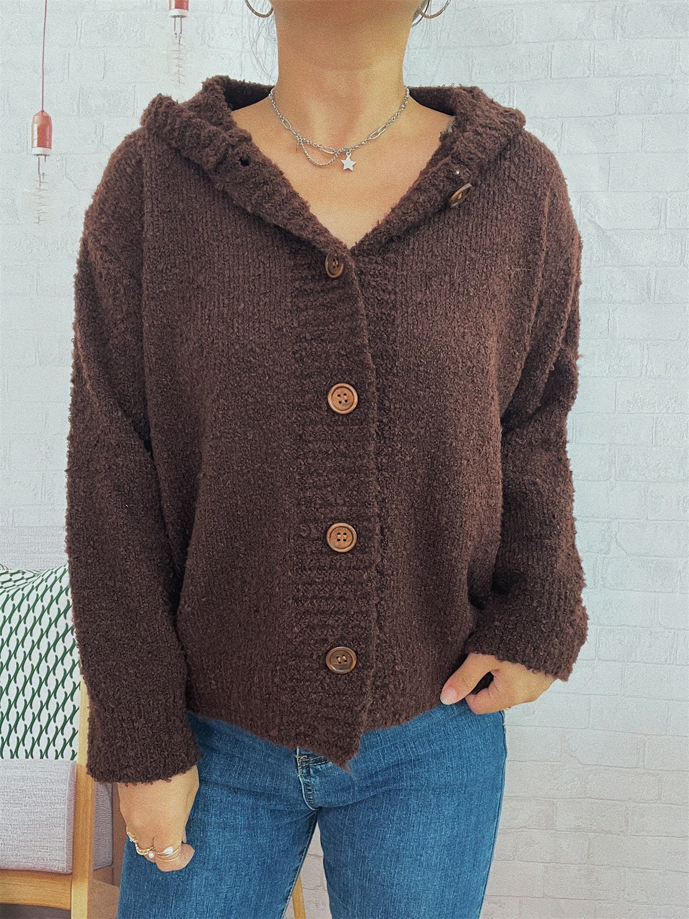 Damen Strickjacke Kapuze Knöpfe Grau Eveloria
