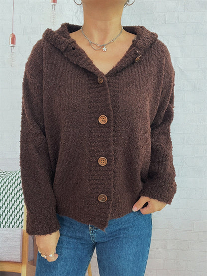 Damen Strickjacke Kapuze Knöpfe Grau Eveloria