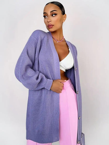 Damen Strickmantel Oversized Elegant Knöpfe Beige