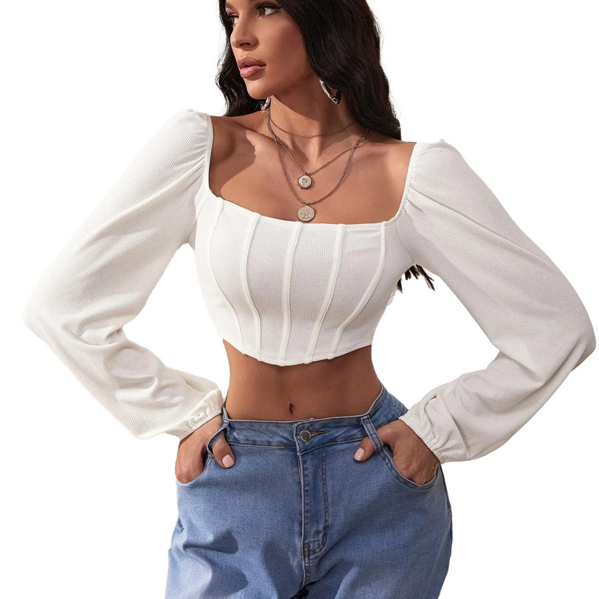 Damen Crop- Langarm Quadrat-Ausschnitt Puffärmel Eveloria