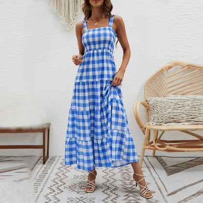 Damen Maxikleid Karomuster Elastisch Luftig