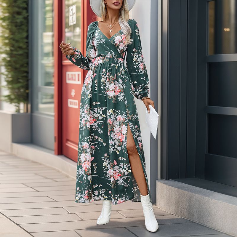 Damen Maxikleid Floralmuster Schlitz