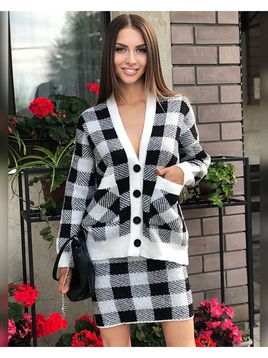 Damen Strickensemble Karomuster Mit Taschen