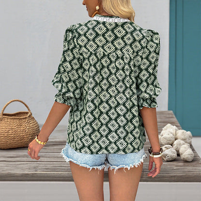 Damen Bluse Baumwolle Elastische Ärmel V-Ausschnitt Blumenmuster