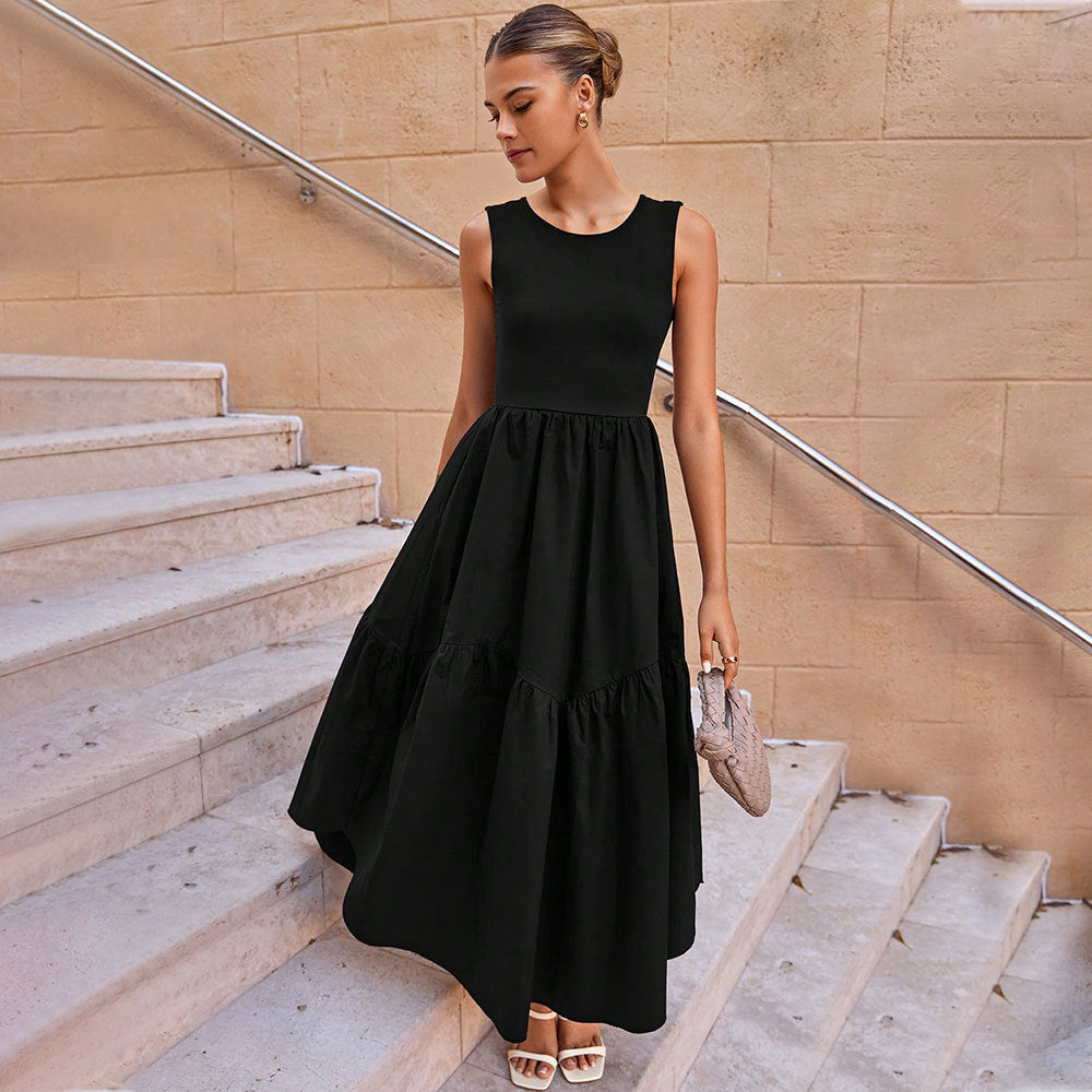 Damen Maxikleid Ärmellos Stufenrock Retro