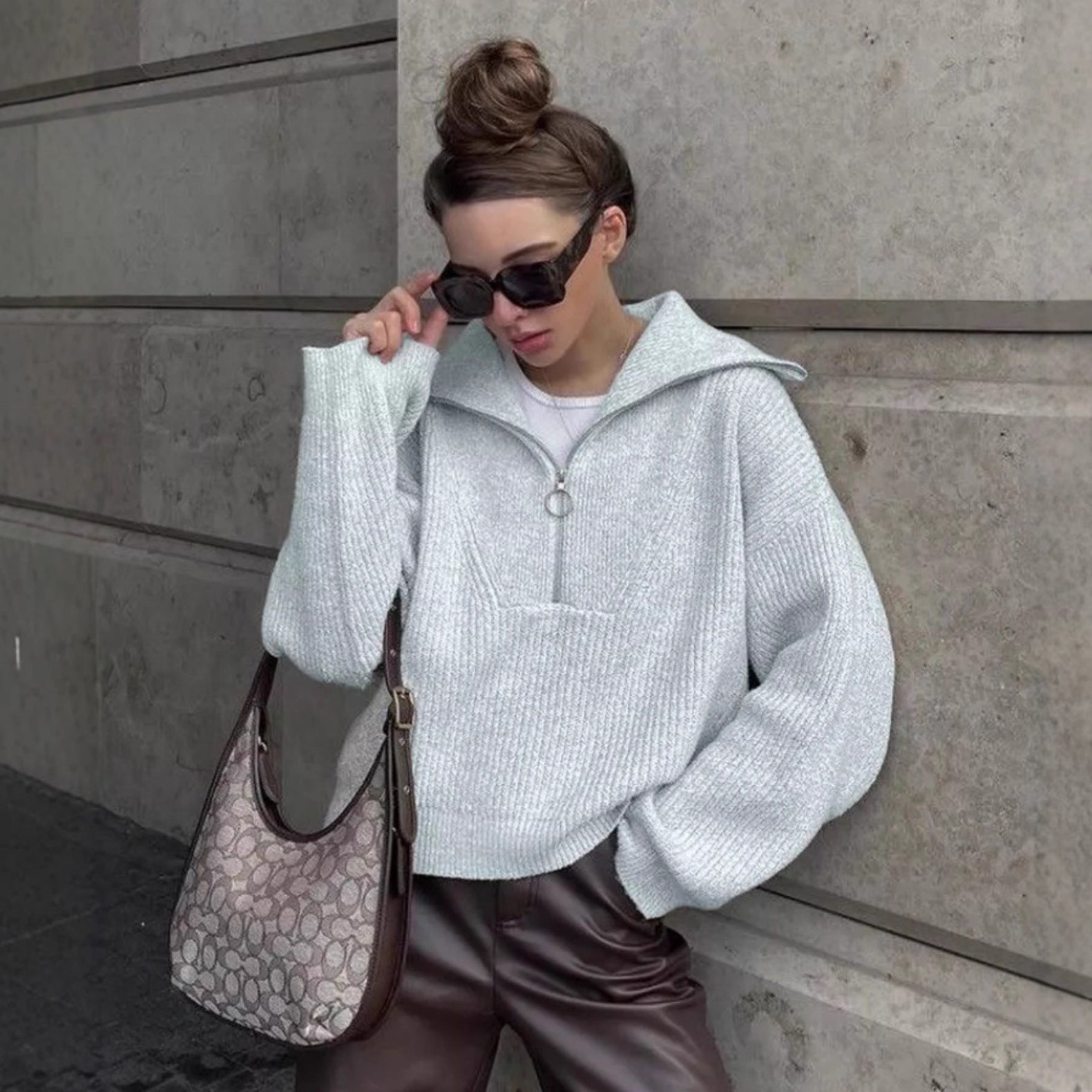 Damen Strickpullover Stehkragen Reißverschluss Grobstrick Eveloria - Eveloria