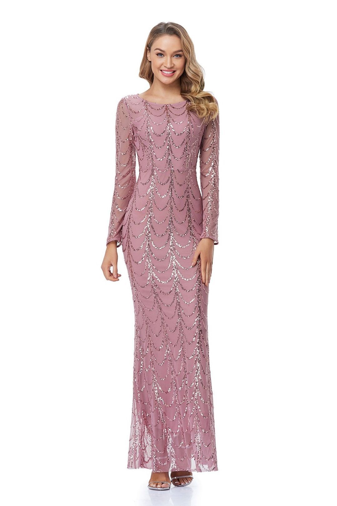 Damen Abendkleid Figurbetont Pailletten Ärmel Durchsichtig