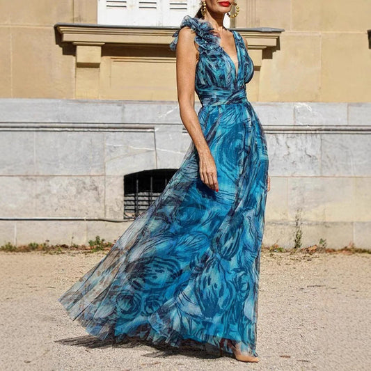 Damen Maxikleid Chiffon Rüschendetails Schwarz - Eveloria