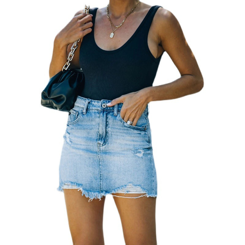 Damen Minirock Used Look mit Fransen Hochwand