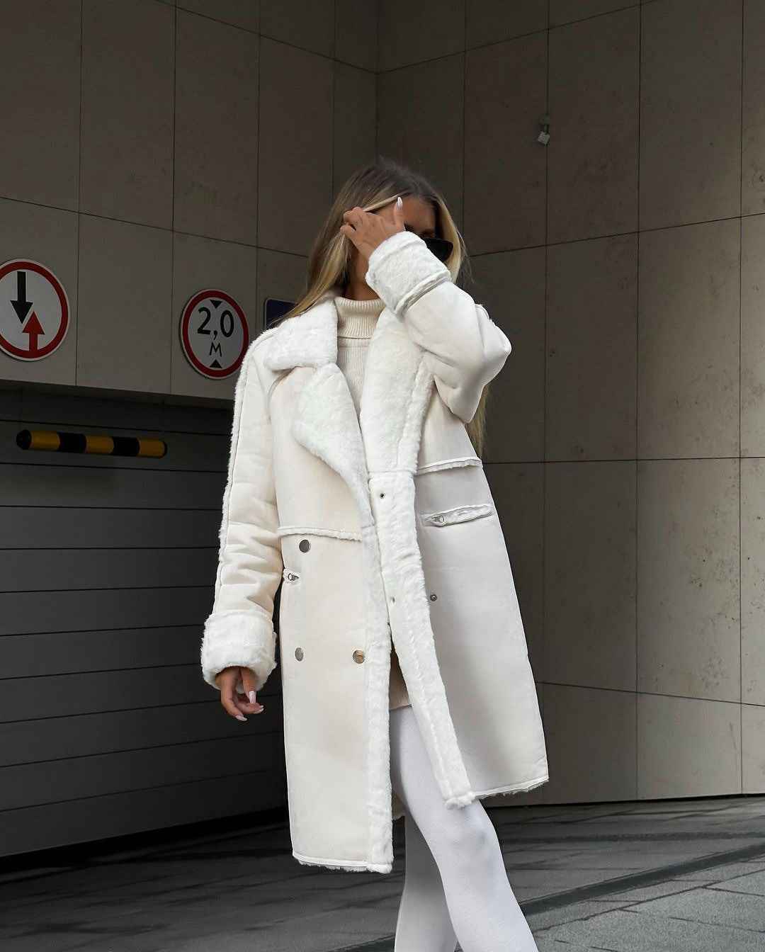 Damen Winterjacke Lang Reverskragen Fleece