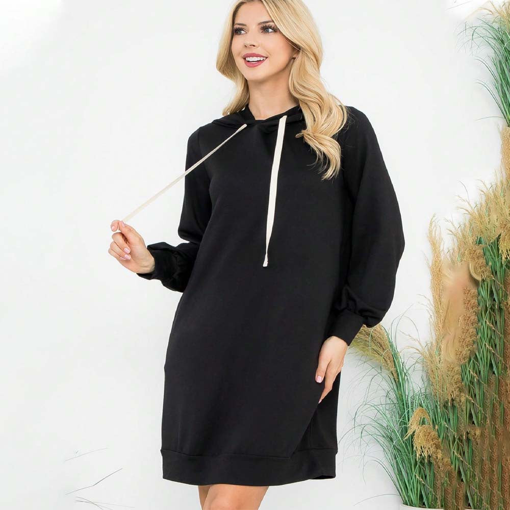 Damen Hoodie-Kleid Puffärmel Kängurutasche Schwarz Eveloria - Eveloria