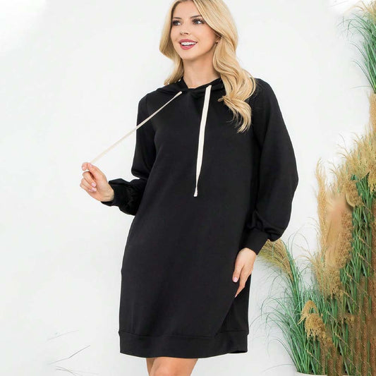 Damen Hoodie-Kleid Puffärmel Kängurutasche Schwarz Eveloria - Eveloria