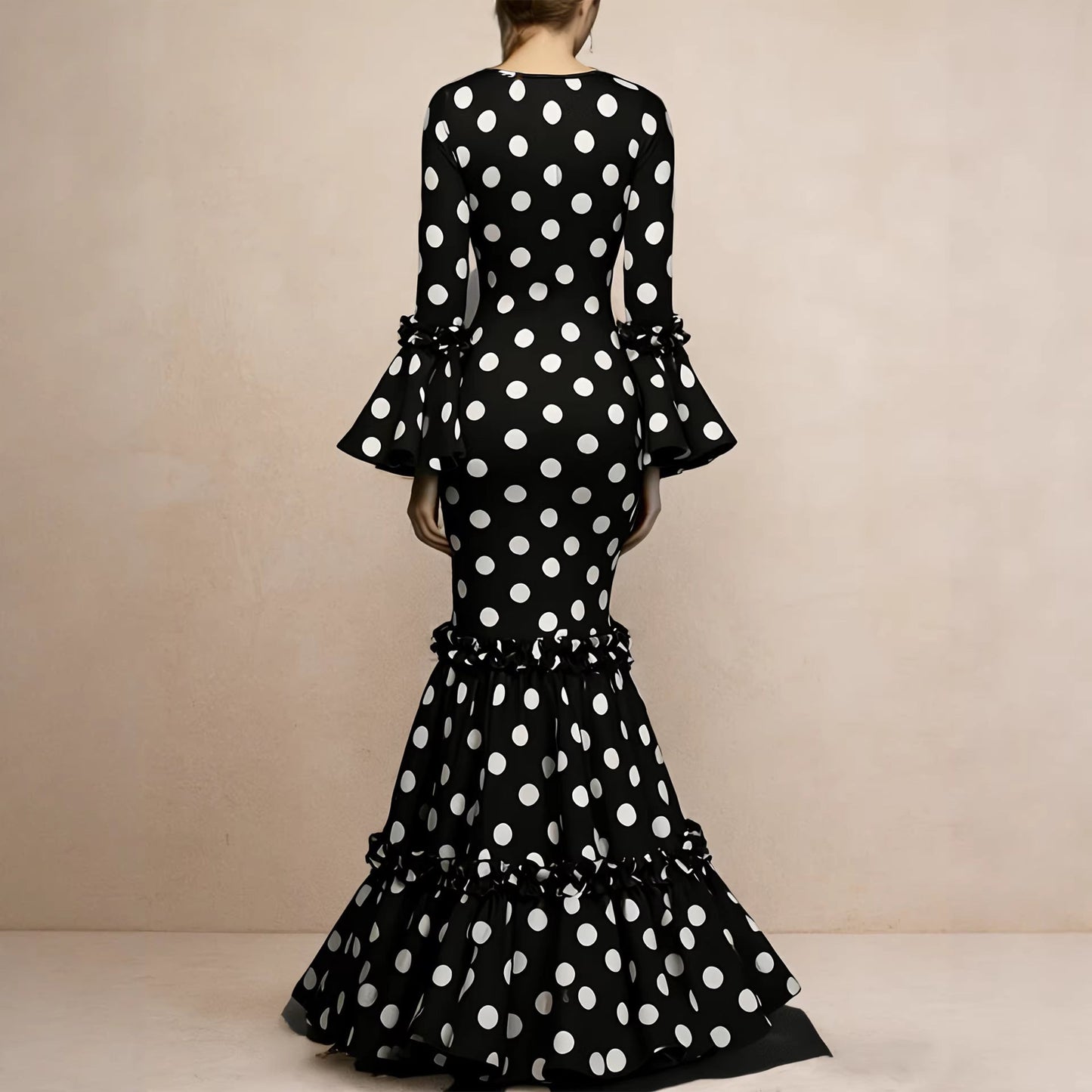 Damen Maxikleid mit Volant und Polka-Dots
