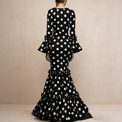 Damen Maxikleid mit Volant und Polka-Dots