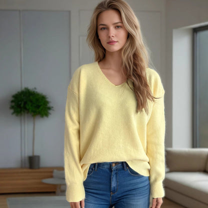 Damen Pullover V-Ausschnitt Weiches Strickmaterial Beige