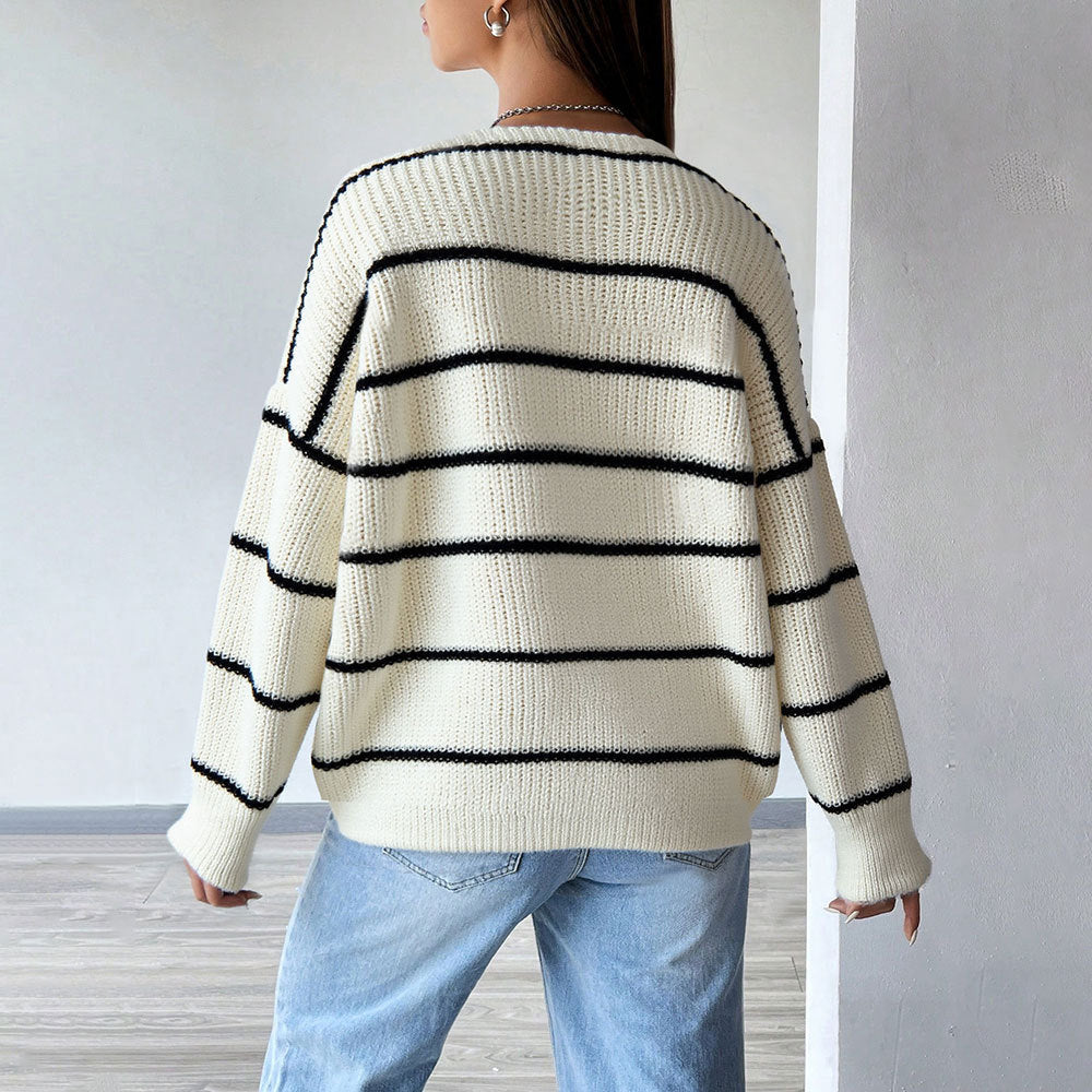 Damen Strickjacke Längsärmelig Klassische Streifen