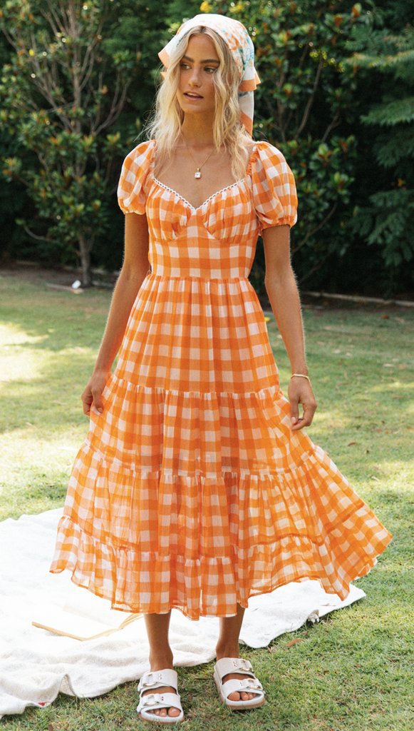 Damen Maxi-Kleid V-Rücken Rüschen Karomuster