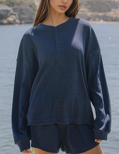 Damen Langarm-Pullover Lässig Knopfdetails Grau Eveloria