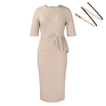 Damen Midi-Kleid Drapierung Vorderseite Abnehmbarer Gürtel Eveloria