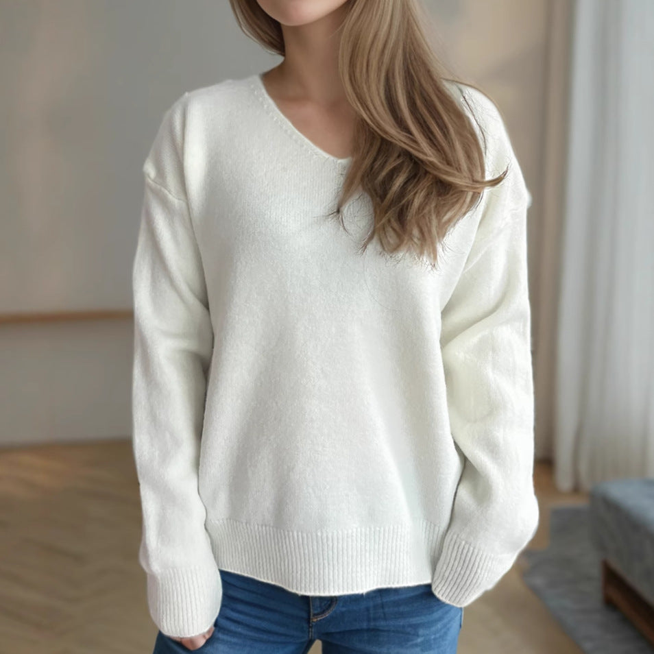 Damen Pullover V-Ausschnitt Weiches Strickmaterial Beige