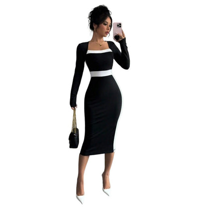 Damen Midi-Kleid Figurbetont Quadratischer Ausschnitt Kontrast