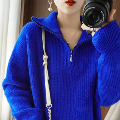 Damen Strickpullover Halb-Reißverschluss Hochkragen Eveloria