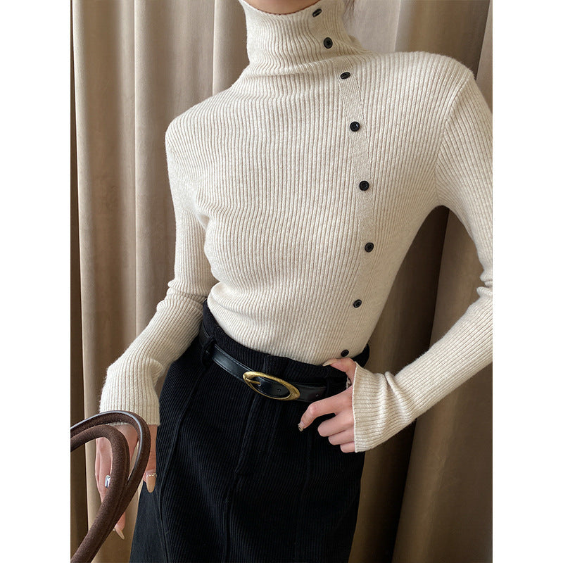 Damen Strickpullover Hochkragen Dekorative Knöpfe Eveloria - Eveloria