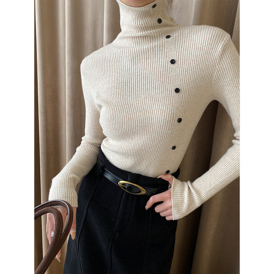 Damen Strickpullover Hochkragen Dekorative Knöpfe Eveloria - Eveloria