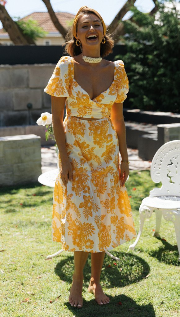 Damen Midi Kleid mit Wasserfall-Ausschnitt und Blumenmuster