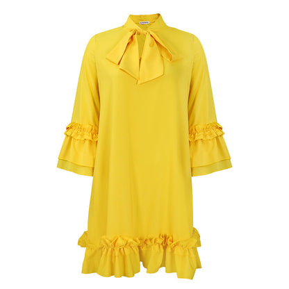 Damen Kleid Rüschendetails Stehkragen Eveloria