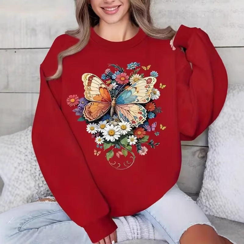 Damen Langarm Sweatshirt Floralmuster Schmetterling Druck Eveloria