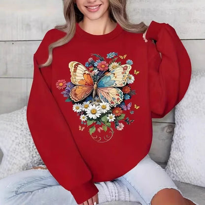 Damen Langarm Sweatshirt Floralmuster Schmetterling Druck Eveloria
