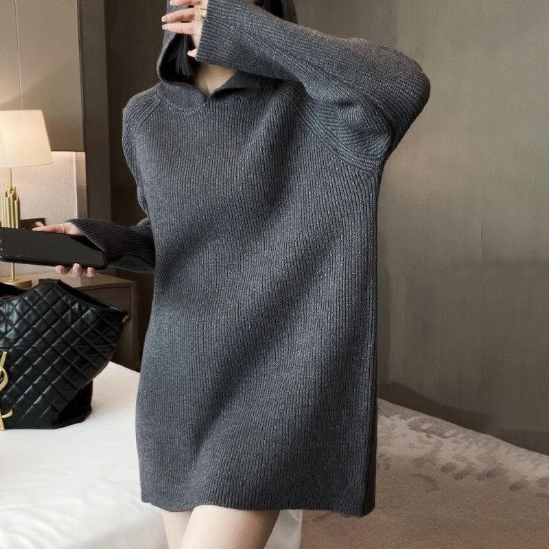 Damen Strickkleid mit Kapuze Lässiger Schnitt Eveloria - Eveloria