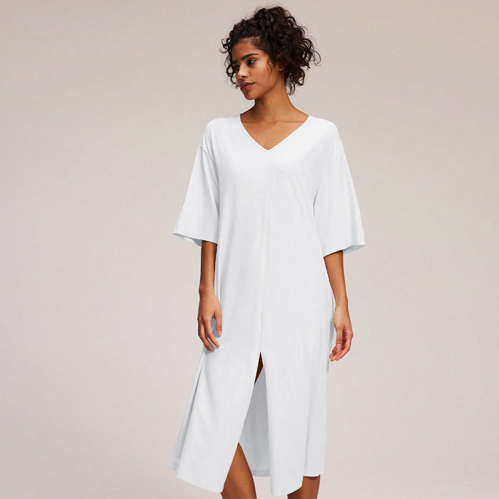 Damen Midikleid V-Ausschnitt Seitenschlitz Eveloria