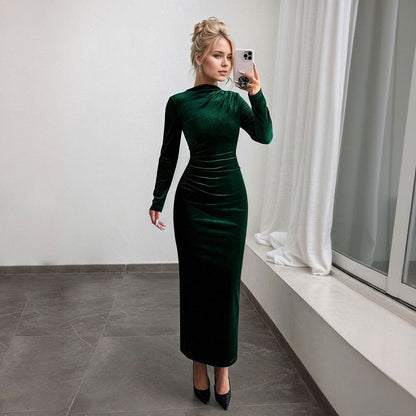 Damen Maxikleid Langarm Drapiert Schwarz Eveloria - Eveloria