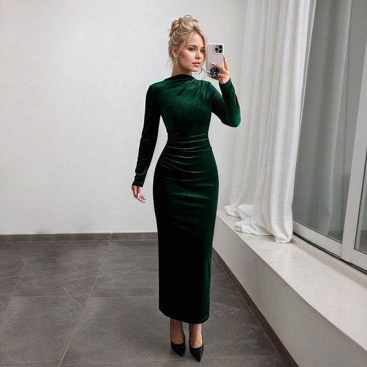 Damen Maxikleid Langarm Drapiert Schwarz Eveloria - Eveloria