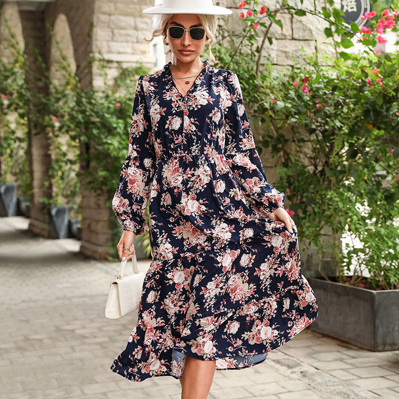 Damen Maxikleid Florales Volantdesign Eveloria