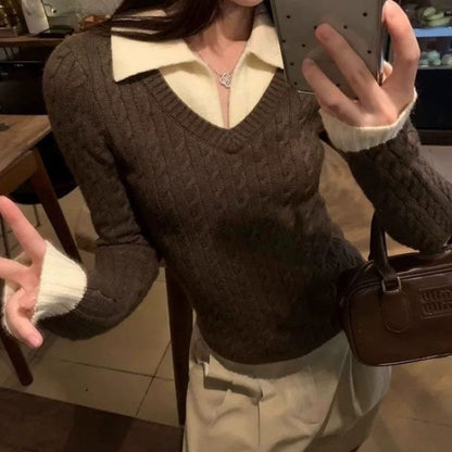 Damen Strickpullover mit Hemdkragen und Krawatte Eveloria